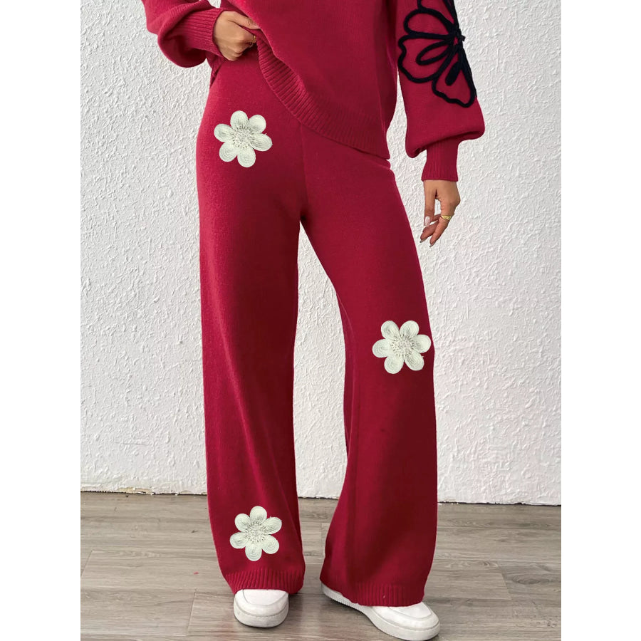 High-Waisted Wide-Leg Sweater Pants with Floral Beaded Decor Apparel and Accessories