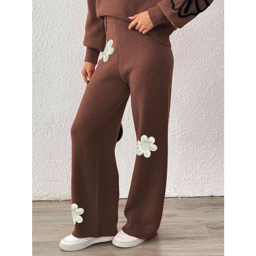 High-Waisted Wide-Leg Sweater Pants with Floral Beaded Decor Apparel and Accessories