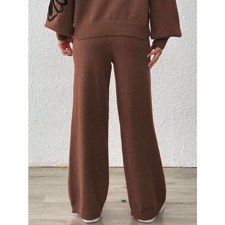 High-Waisted Wide-Leg Sweater Pants with Floral Beaded Decor Apparel and Accessories