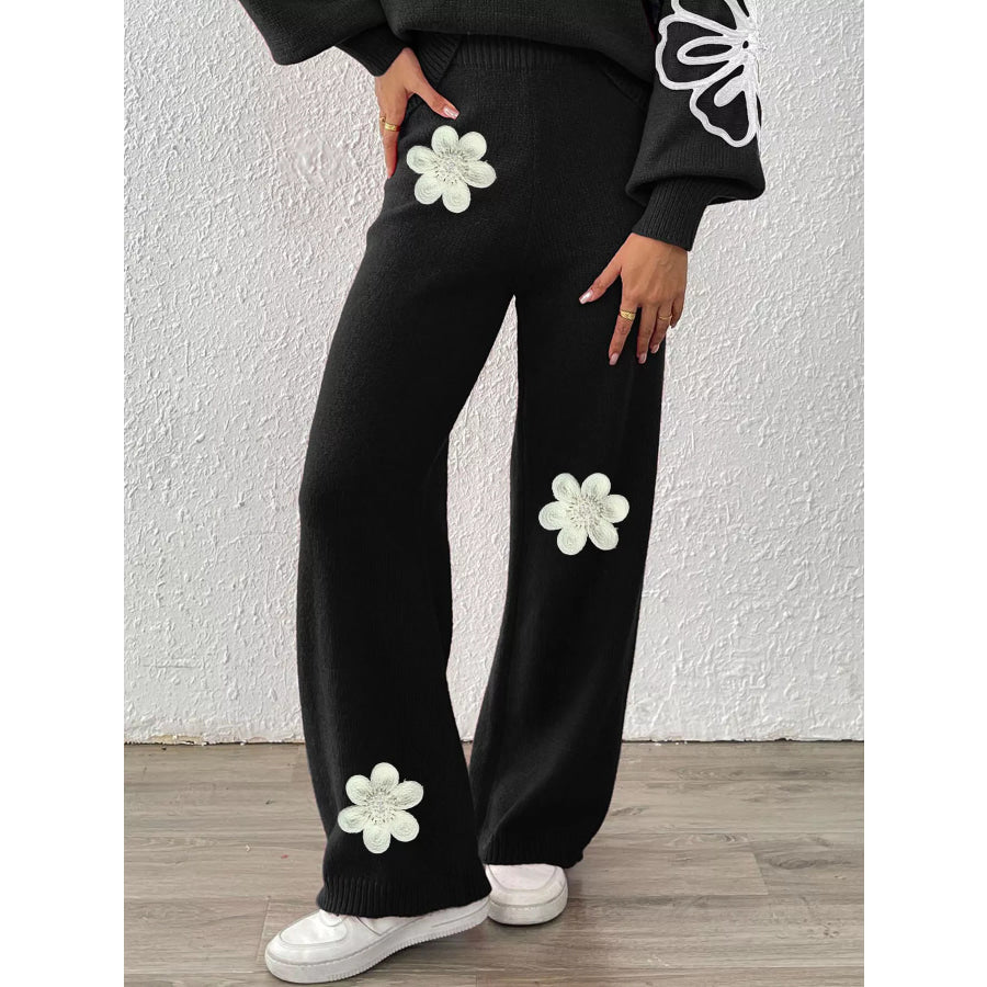 High-Waisted Wide-Leg Sweater Pants with Floral Beaded Decor Apparel and Accessories