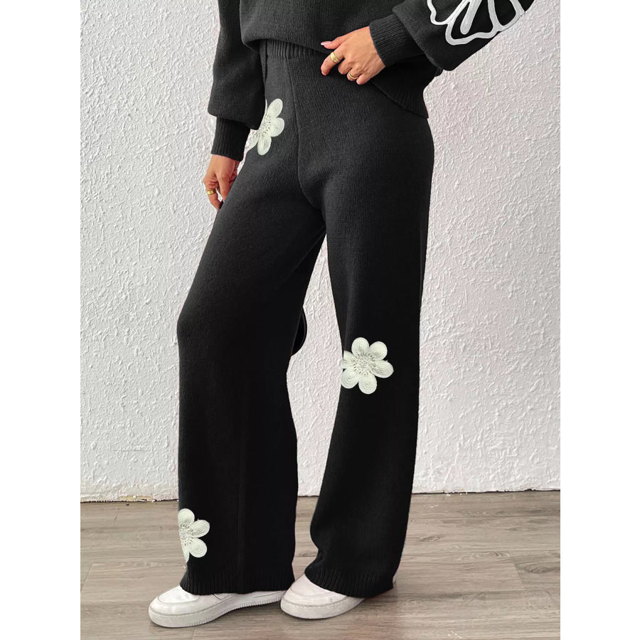 High-Waisted Wide-Leg Sweater Pants with Floral Beaded Decor Black / S Apparel and Accessories