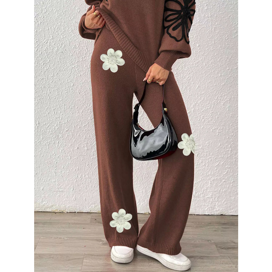 High-Waisted Wide-Leg Sweater Pants with Floral Beaded Decor Coffee Brown / S Apparel and Accessories