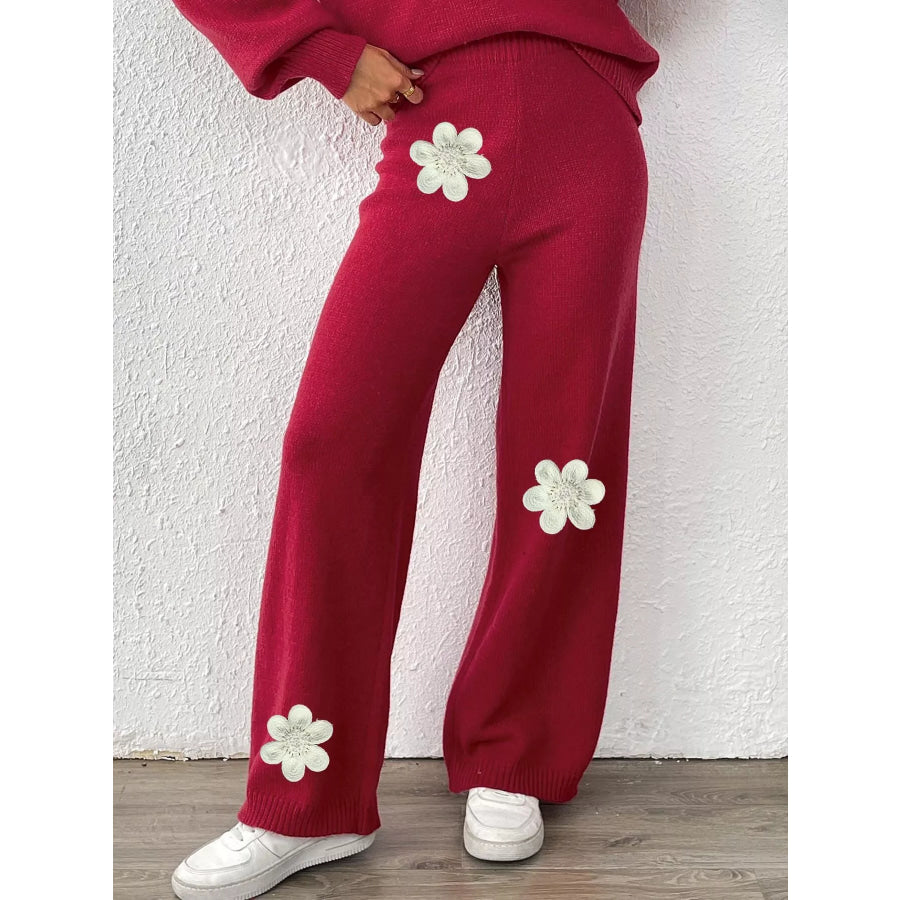 High-Waisted Wide-Leg Sweater Pants with Floral Beaded Decor Deep Red / S Apparel and Accessories