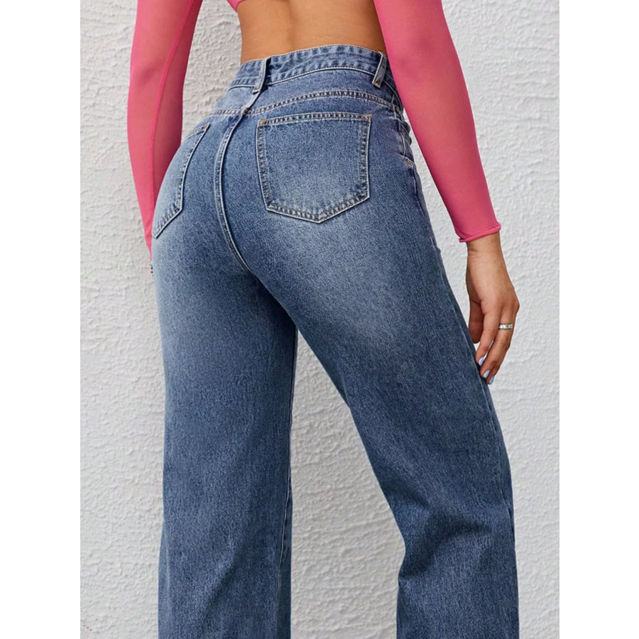 High-Waisted Wide-Leg Washed Jeans Apparel and Accessories