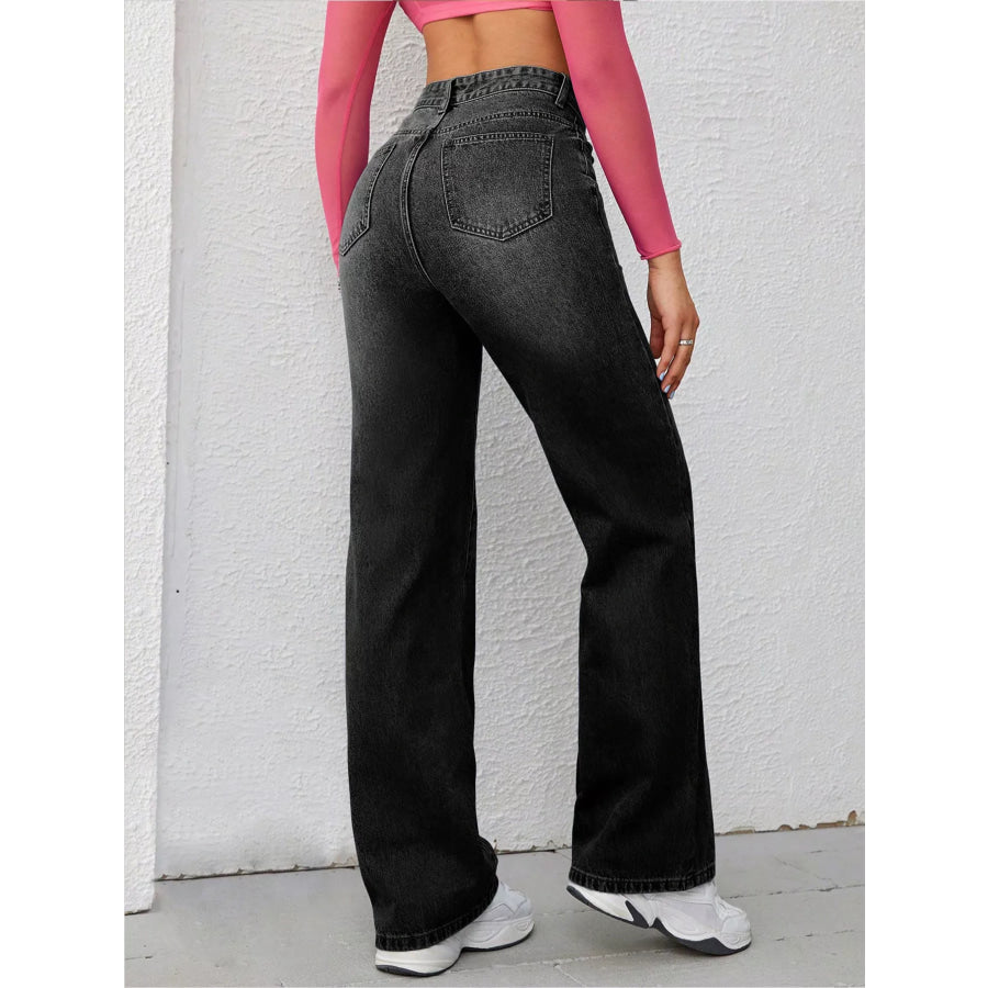 High-Waisted Wide-Leg Washed Jeans Apparel and Accessories