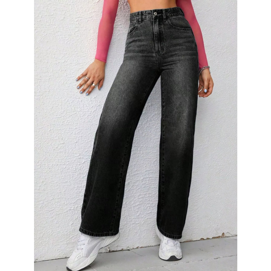 High-Waisted Wide-Leg Washed Jeans Apparel and Accessories