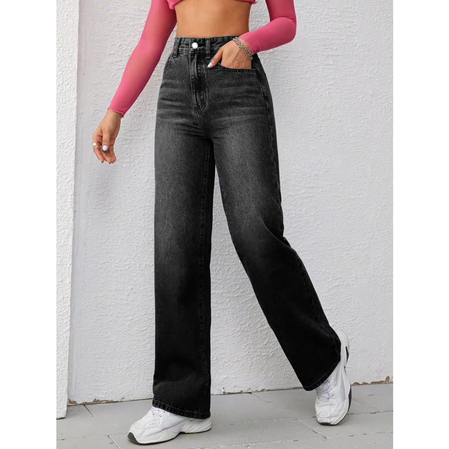 High-Waisted Wide-Leg Washed Jeans Apparel and Accessories