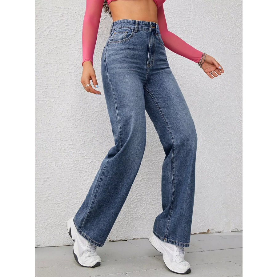 High-Waisted Wide-Leg Washed Jeans Apparel and Accessories