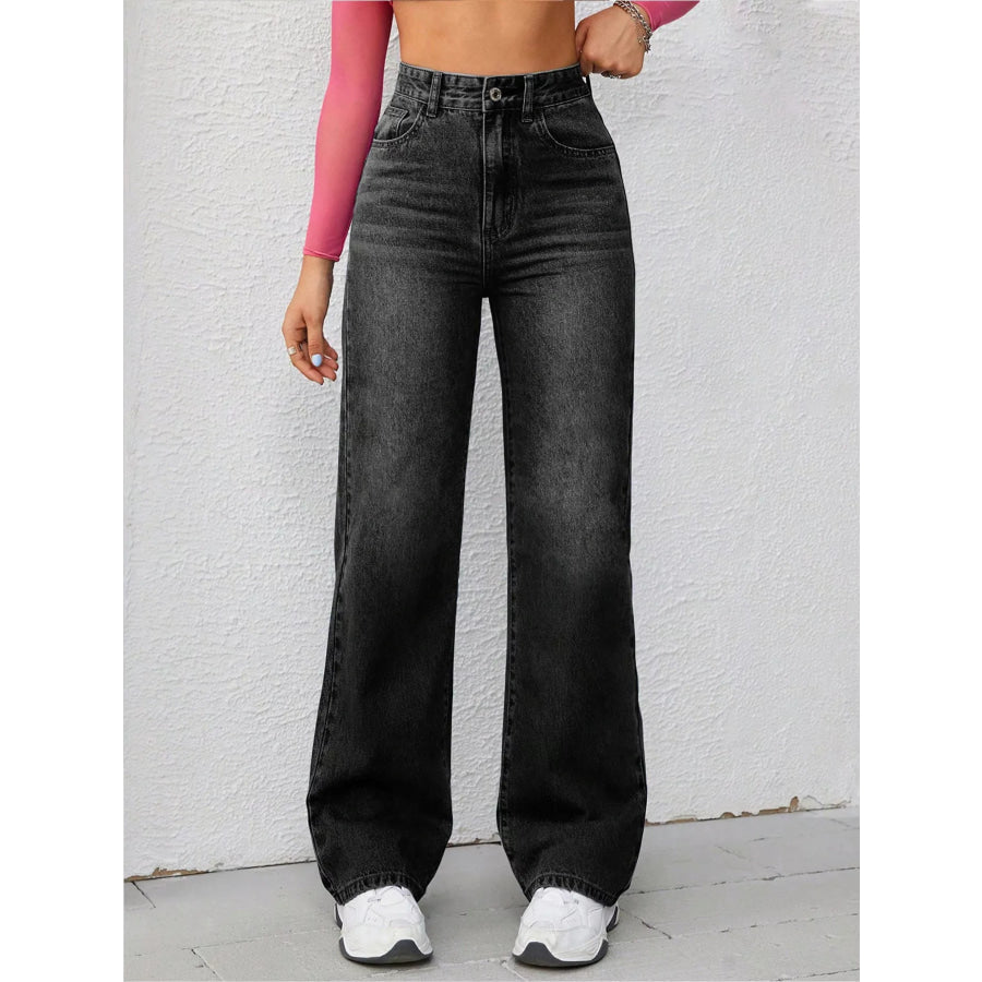 High-Waisted Wide-Leg Washed Jeans Black / XXS Apparel and Accessories