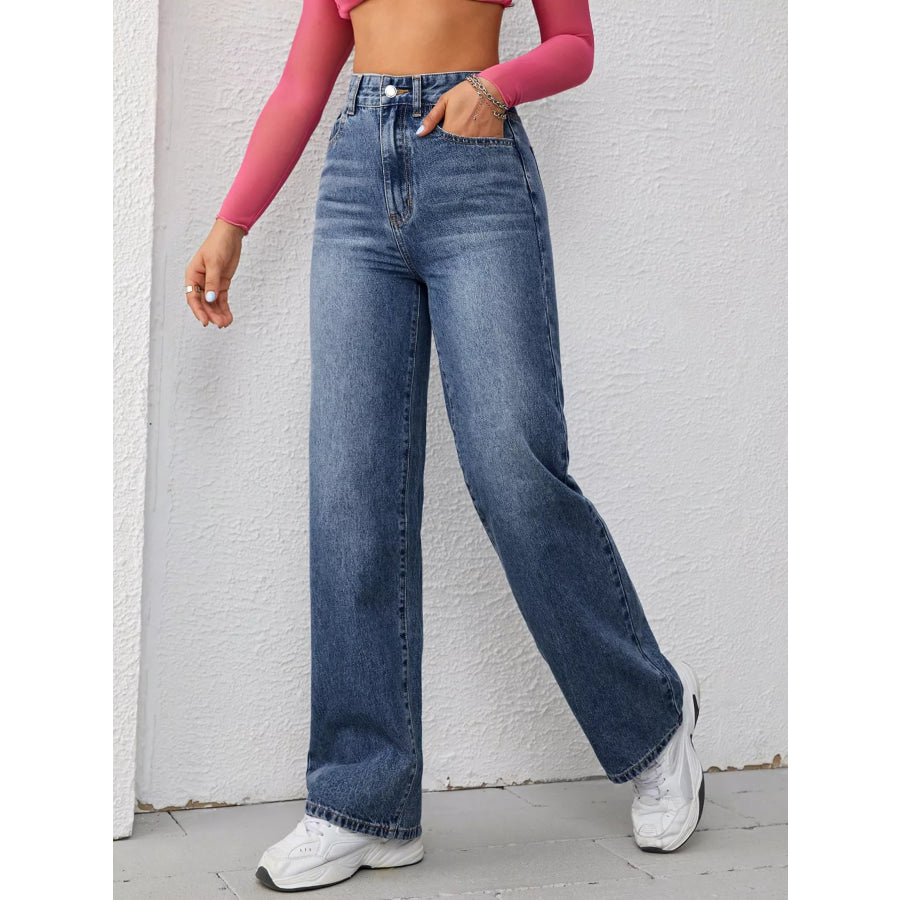 High-Waisted Wide-Leg Washed Jeans Deep Blue / XXS Apparel and Accessories