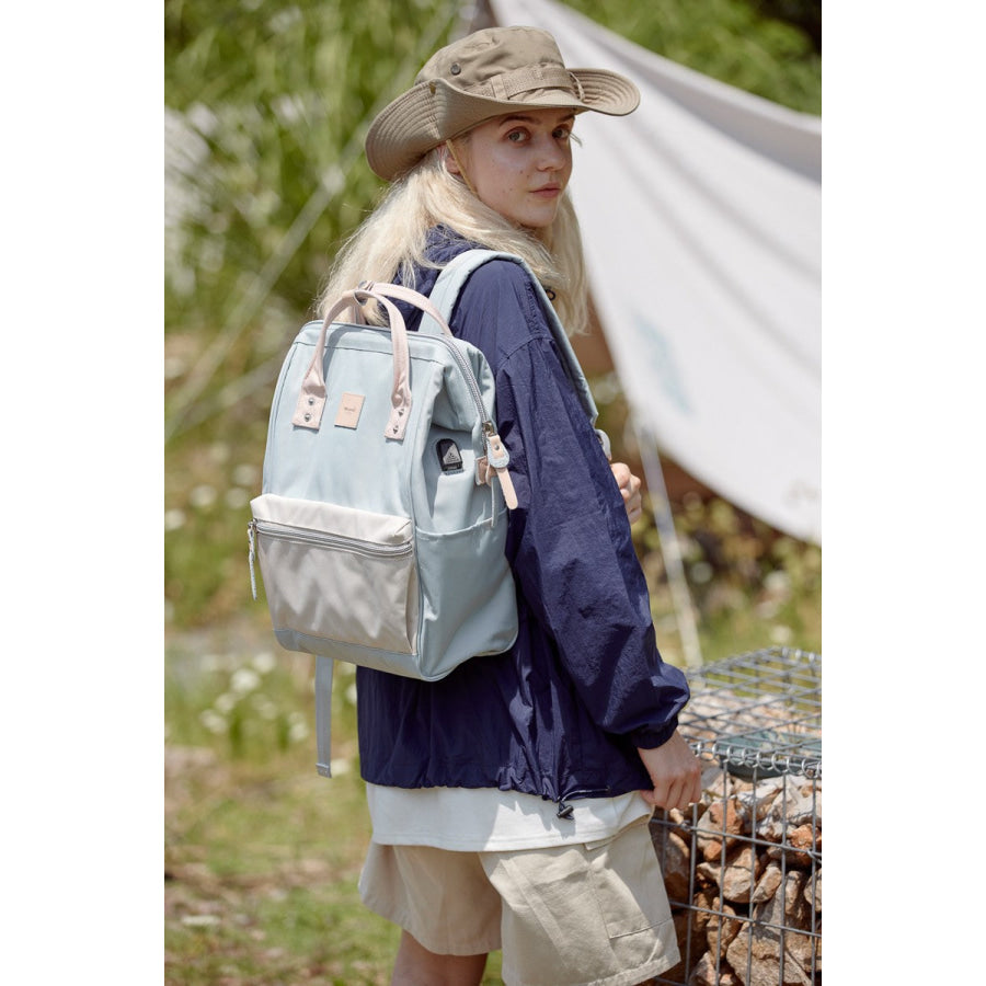 Himawari Water Resistant Canvas Backpack Bag with Side Pockets Cream/Blue / One Size Apparel and Accessories