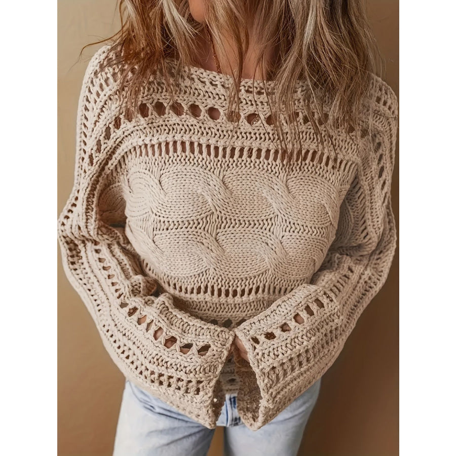 Hollow Out Cable-Knit Boat Neck Sweater Apparel and Accessories