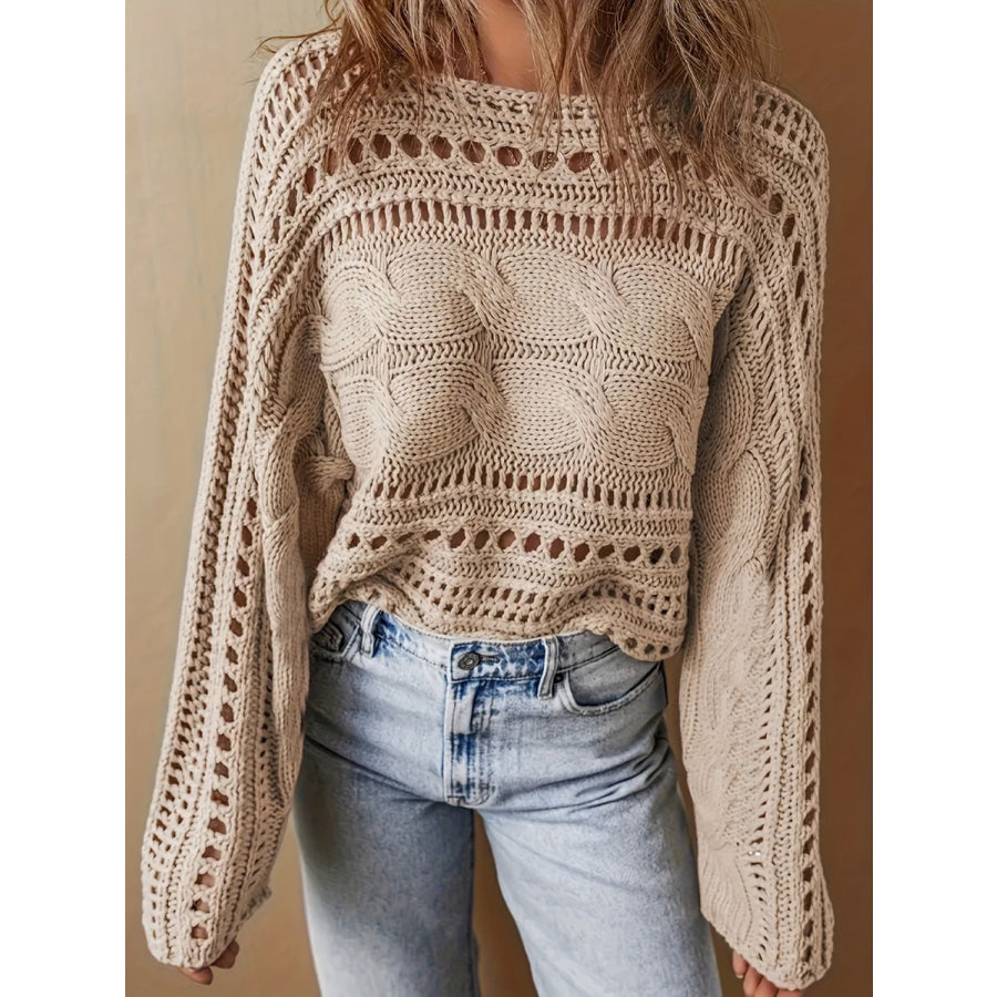 Hollow Out Cable-Knit Boat Neck Sweater Apparel and Accessories