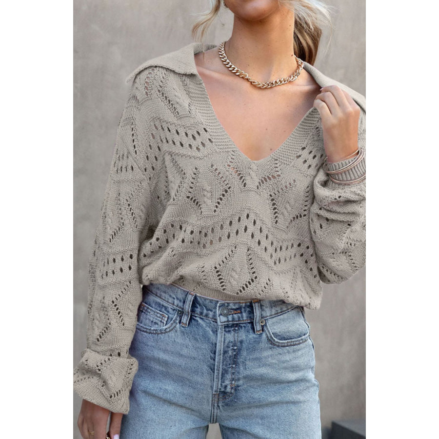 Hollow Out Johnny Collar Sweater Gray / S Apparel and Accessories