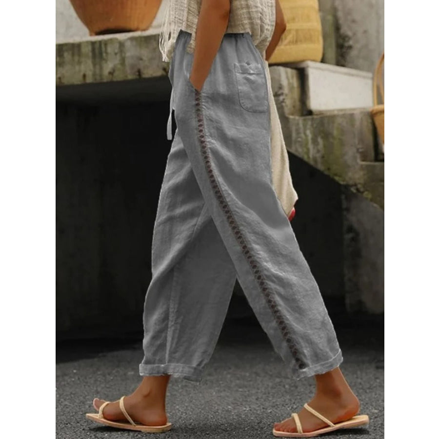 Hollow Out Trim Cropped Pants Grey / S Apparel and Accessories