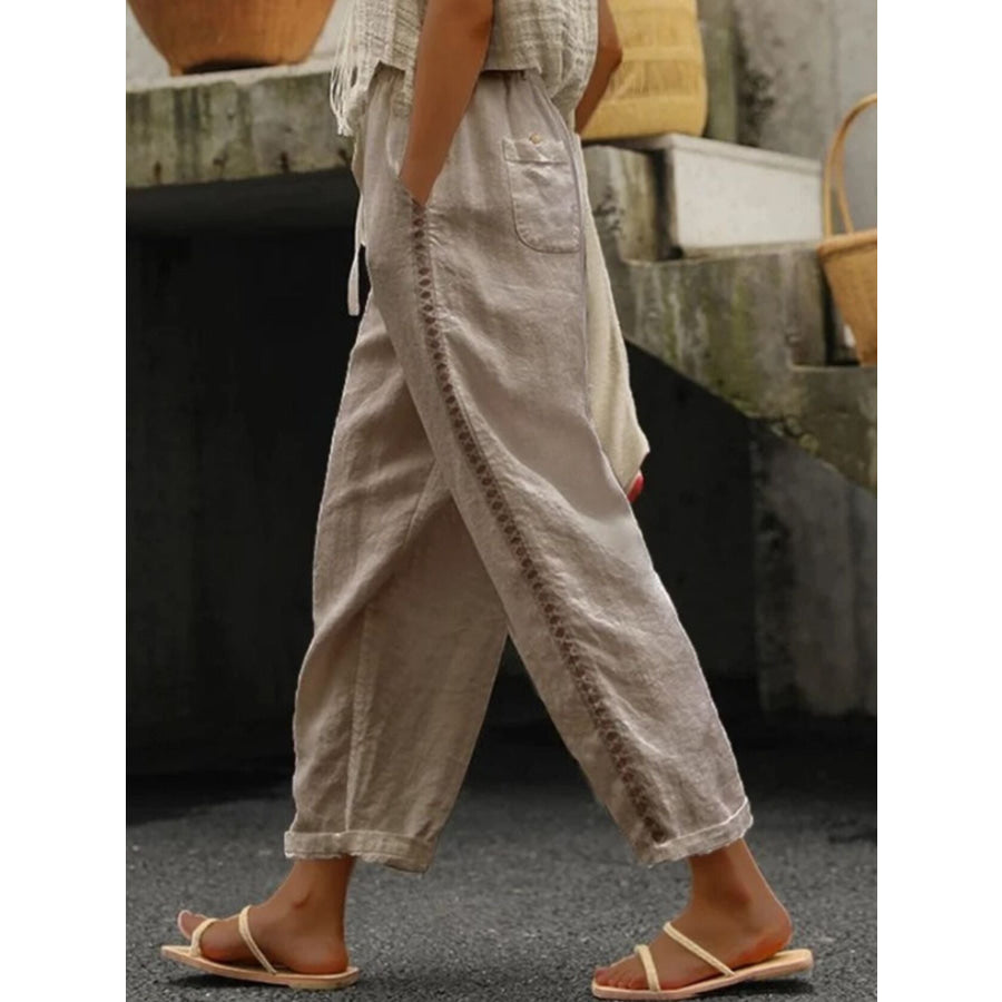 Hollow Out Trim Cropped Pants Khaki / S Apparel and Accessories