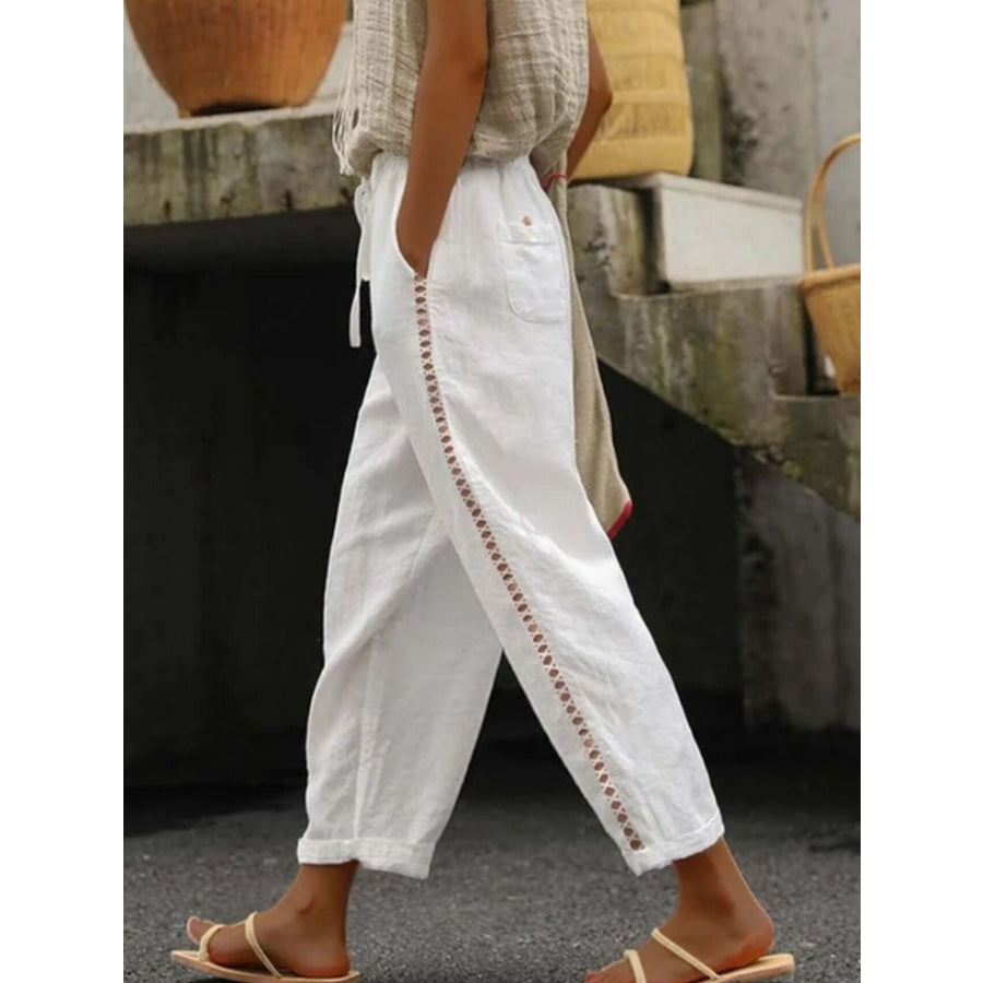 Hollow Out Trim Cropped Pants White / S Apparel and Accessories
