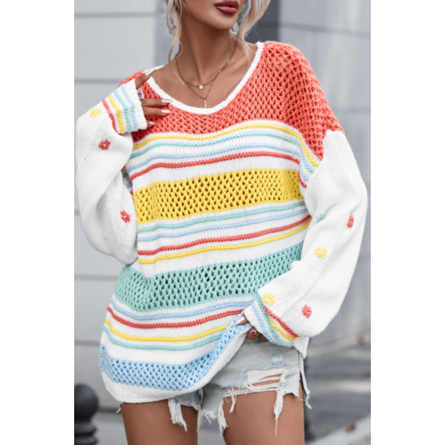 Hollow Striped Color Block Round Neck Sweater Stripe / S Apparel and Accessories