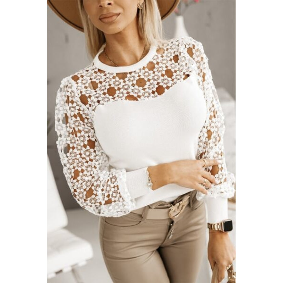 Hollowed Floral Lace Spliced Long Sleeve Blouse Clothing