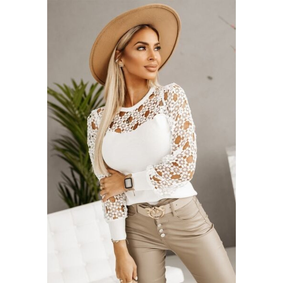 Hollowed Floral Lace Spliced Long Sleeve Blouse Clothing