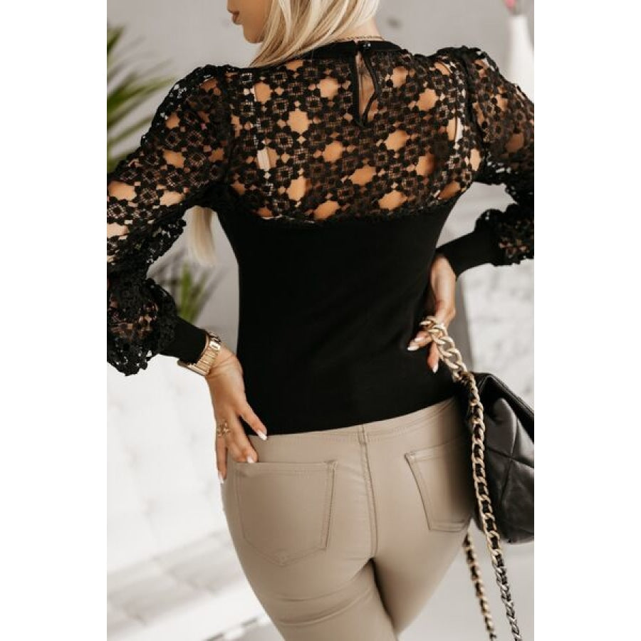 Hollowed Floral Lace Spliced Long Sleeve Blouse Clothing