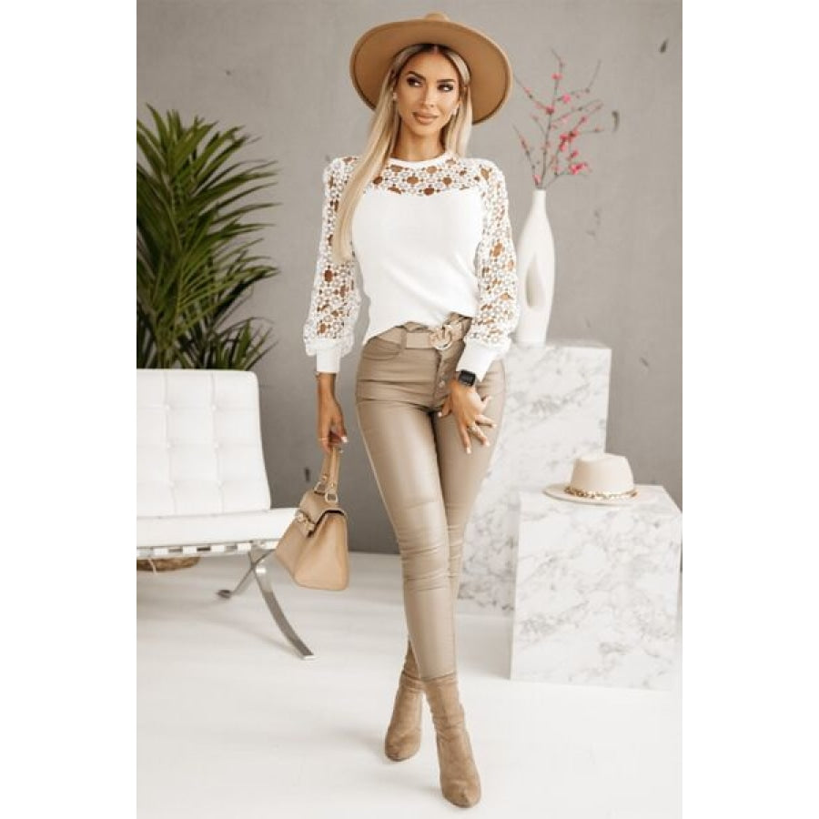 Hollowed Floral Lace Spliced Long Sleeve Blouse Clothing