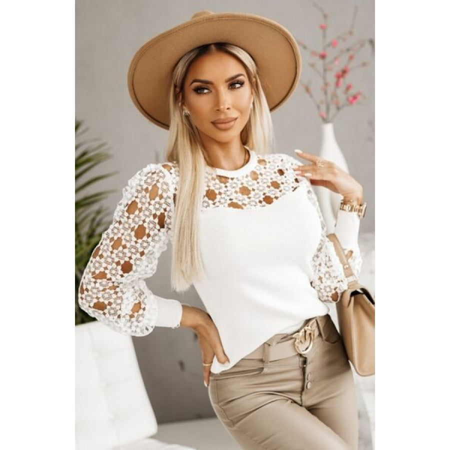 Hollowed Floral Lace Spliced Long Sleeve Blouse White / S Clothing