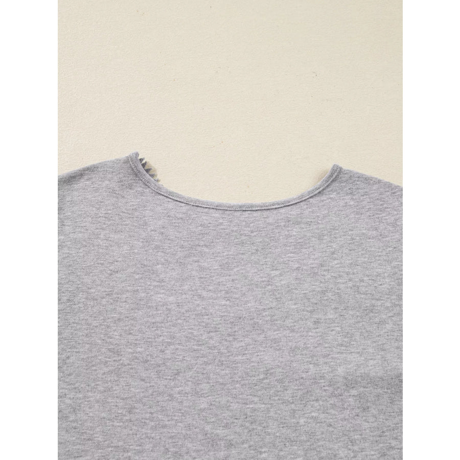 Hollowed Lace Ribbed Knit Long Sleeve Patchwork Top Apparel and Accessories