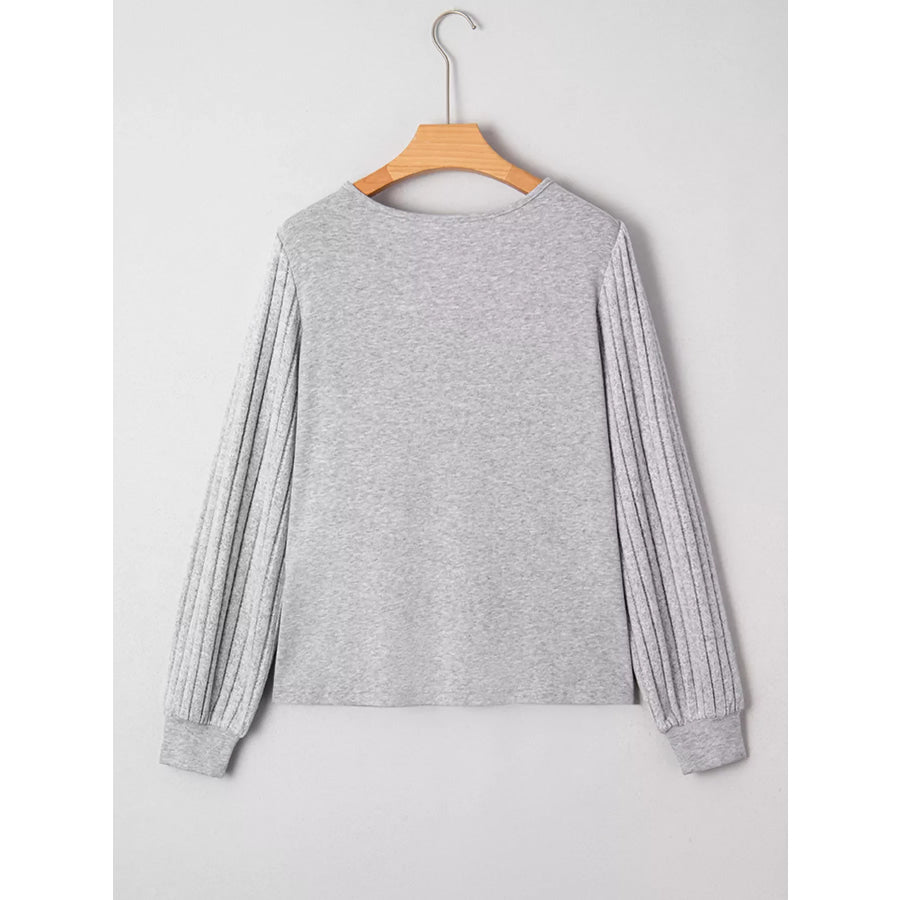 Hollowed Lace Ribbed Knit Long Sleeve Patchwork Top Apparel and Accessories