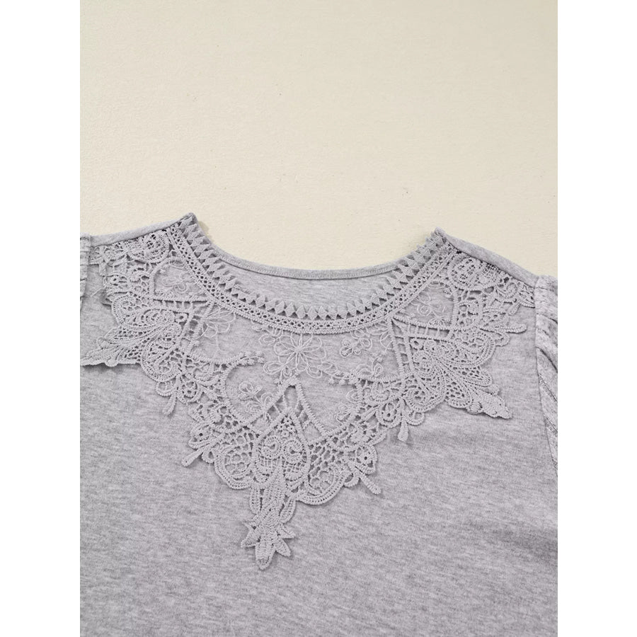 Hollowed Lace Ribbed Knit Long Sleeve Patchwork Top Apparel and Accessories