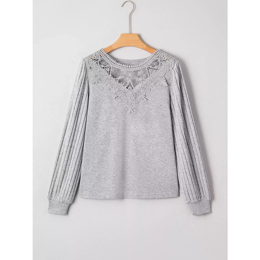 Hollowed Lace Ribbed Knit Long Sleeve Patchwork Top Apparel and Accessories