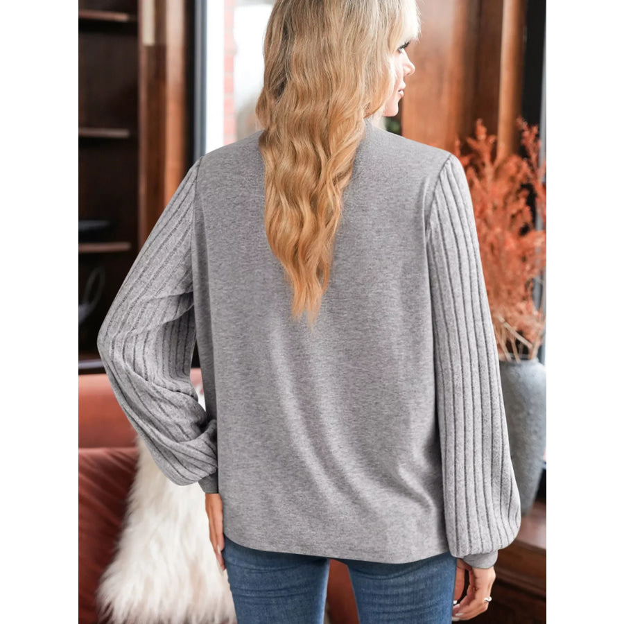 Hollowed Lace Ribbed Knit Long Sleeve Patchwork Top Apparel and Accessories