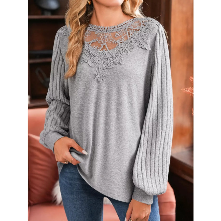 Hollowed Lace Ribbed Knit Long Sleeve Patchwork Top Gray / S Apparel and Accessories