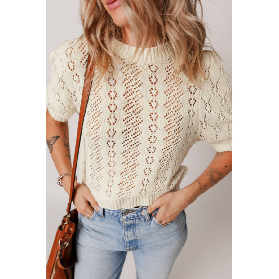 Hollowed Round Neck Half Sleeve Sweater Apparel and Accessories