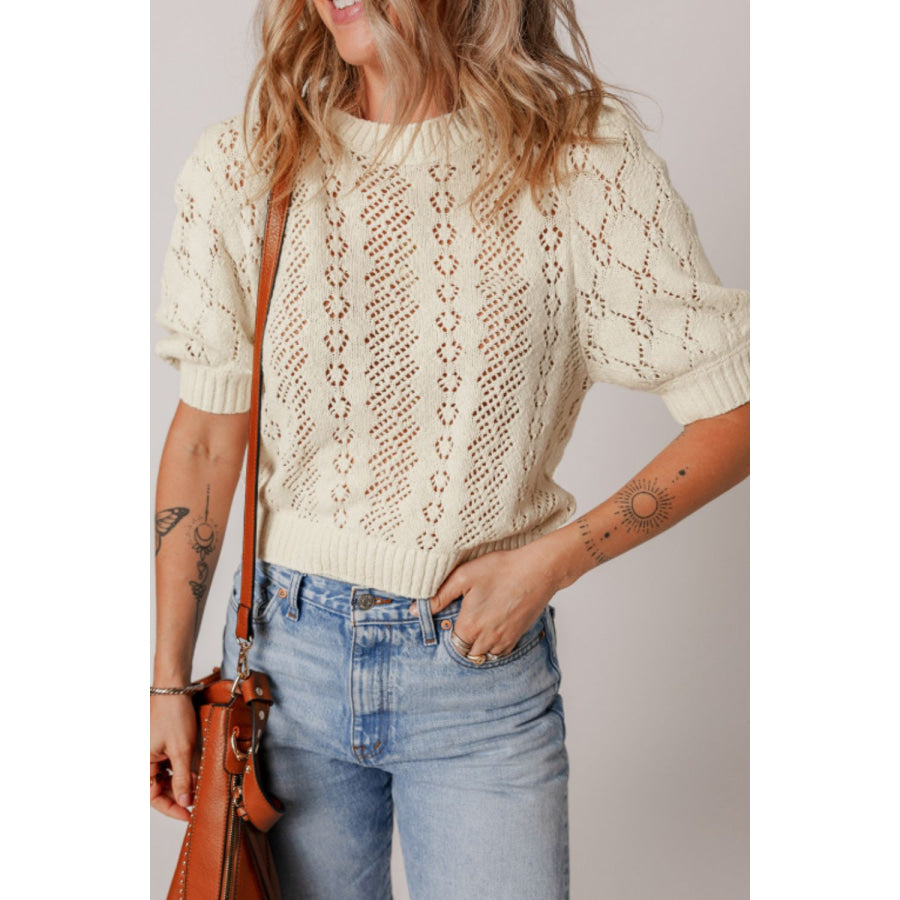 Hollowed Round Neck Half Sleeve Sweater Apparel and Accessories