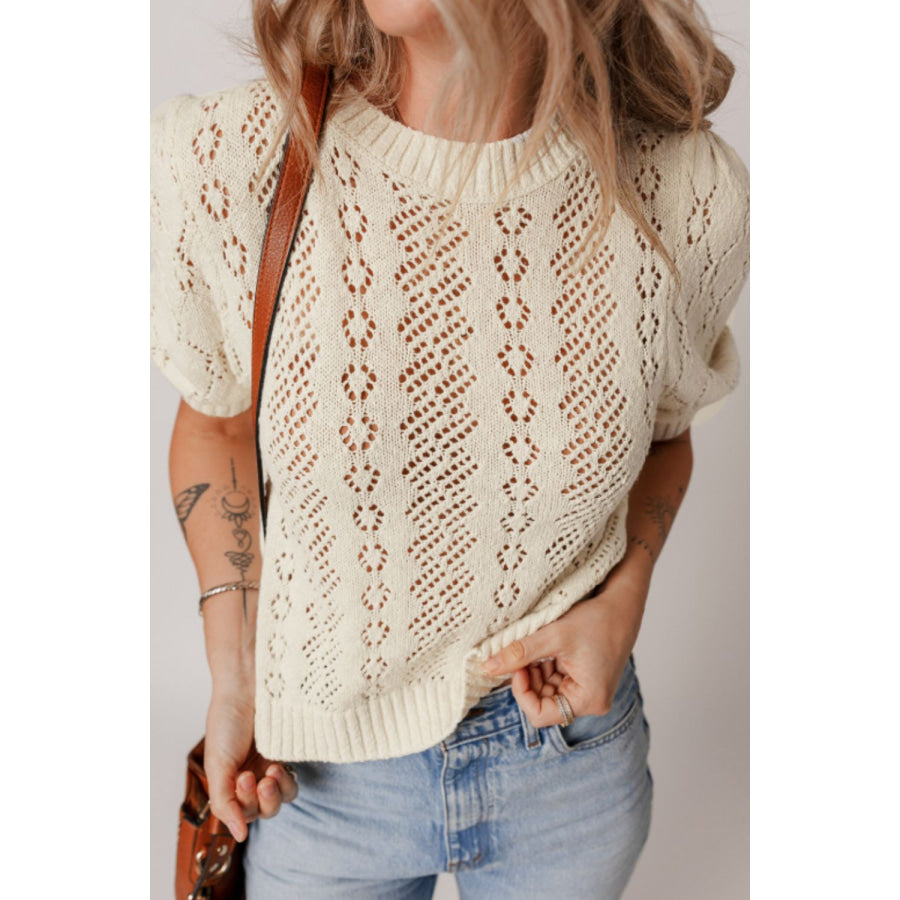 Hollowed Round Neck Half Sleeve Sweater Cream / S Apparel and Accessories