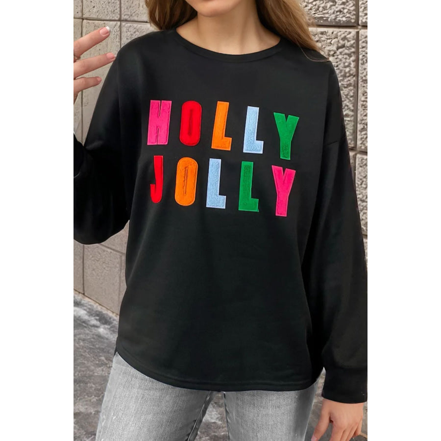 HOLLY JOLLY Round Neck Long Sleeve Top Black / 2XL Apparel and Accessories