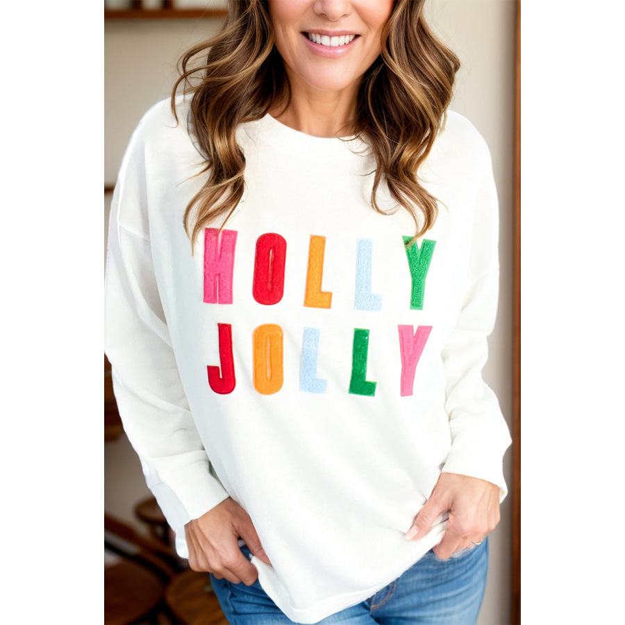 HOLLY JOLLY Round Neck Long Sleeve Top White / S Apparel and Accessories