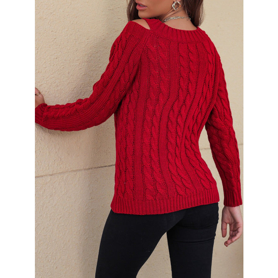 Honey Cable-Knit V-Neck Cold Shoulder Sweater Apparel and Accessories