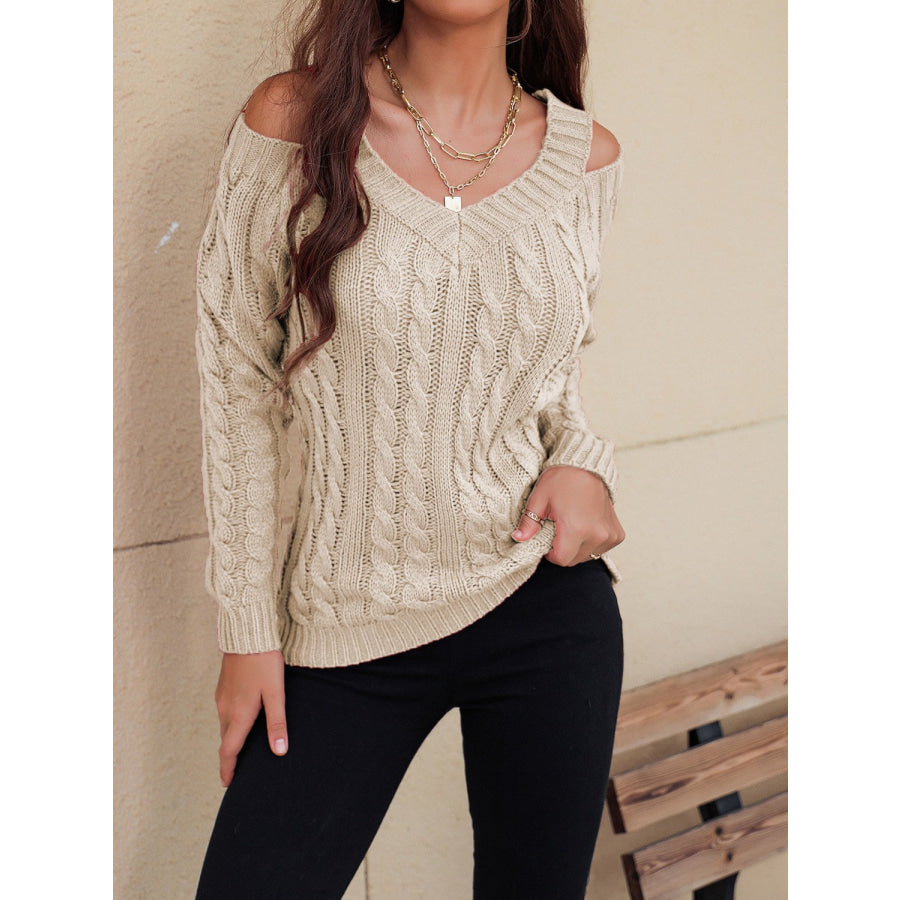 Honey Cable-Knit V-Neck Cold Shoulder Sweater Apparel and Accessories