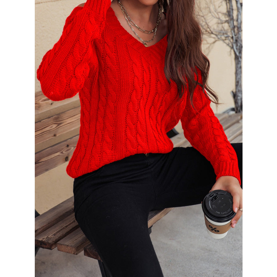 Honey Cable-Knit V-Neck Cold Shoulder Sweater Apparel and Accessories