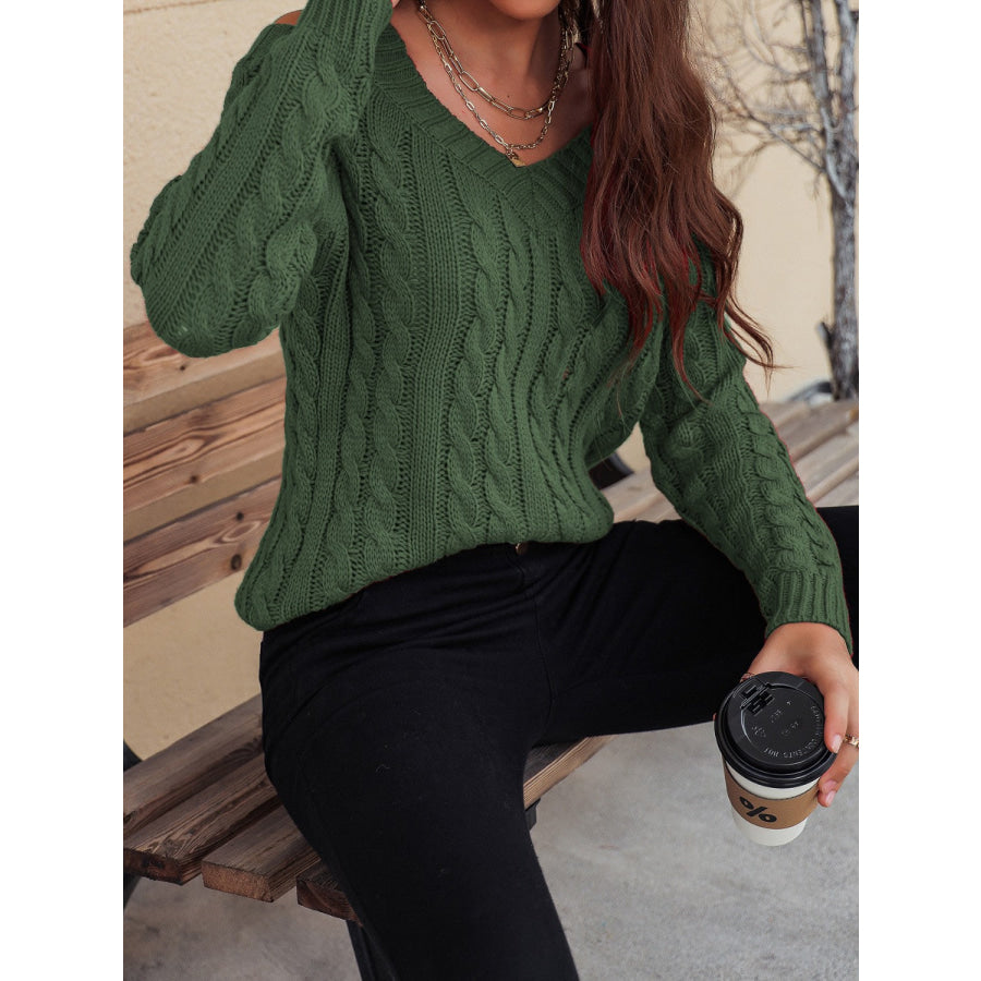 Honey Cable-Knit V-Neck Cold Shoulder Sweater Apparel and Accessories