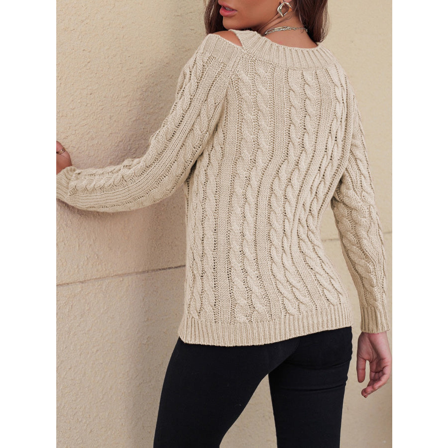 Honey Cable-Knit V-Neck Cold Shoulder Sweater Apparel and Accessories