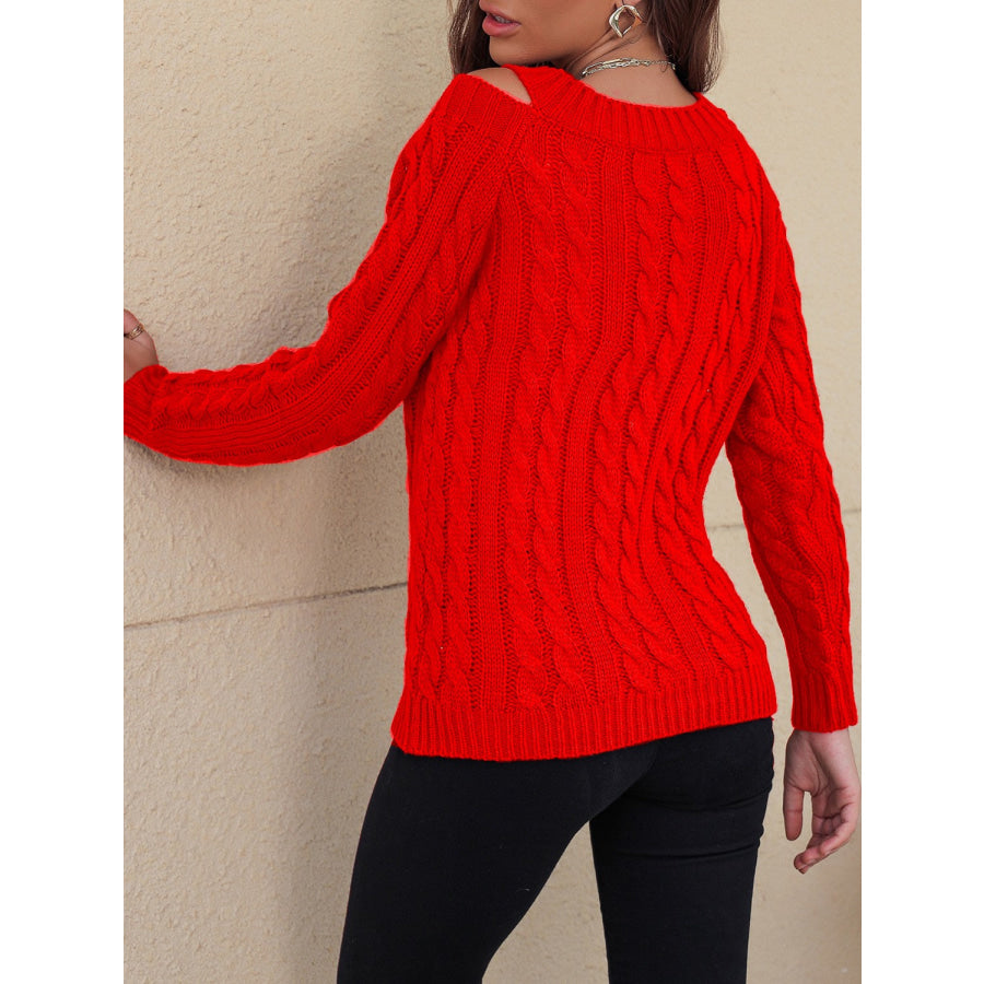 Honey Cable-Knit V-Neck Cold Shoulder Sweater Apparel and Accessories