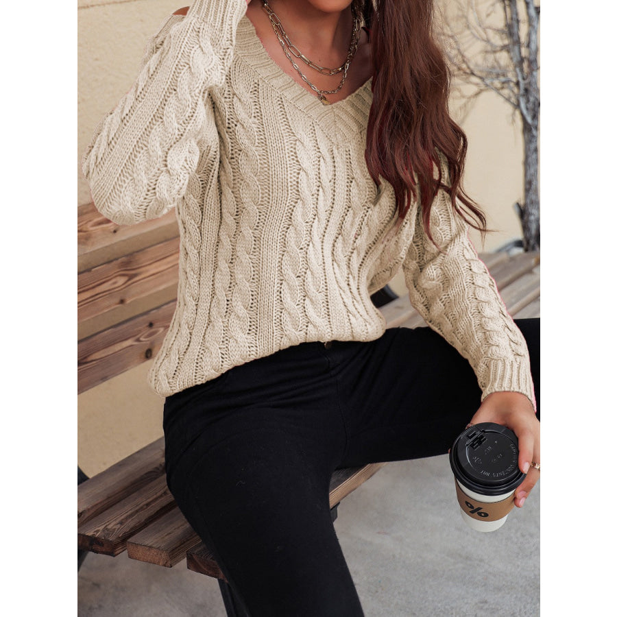 Honey Cable-Knit V-Neck Cold Shoulder Sweater Apparel and Accessories