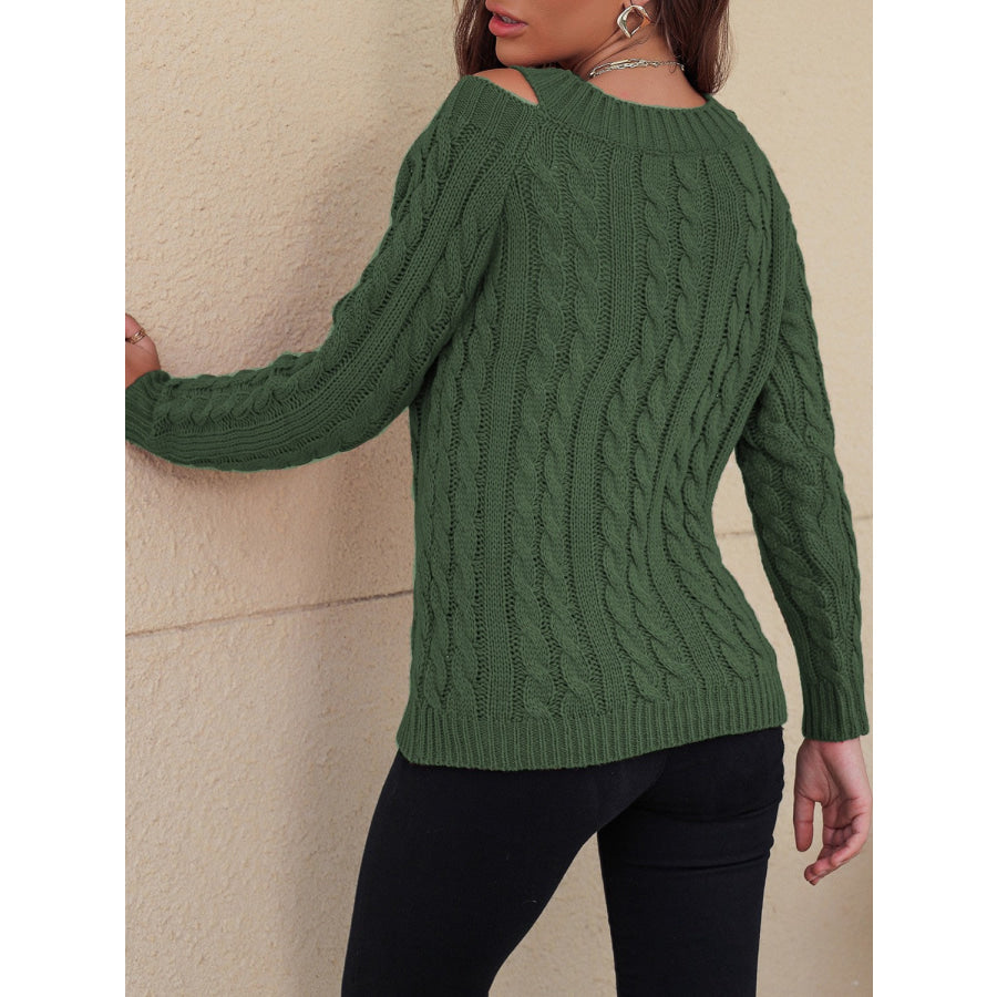 Honey Cable-Knit V-Neck Cold Shoulder Sweater Apparel and Accessories