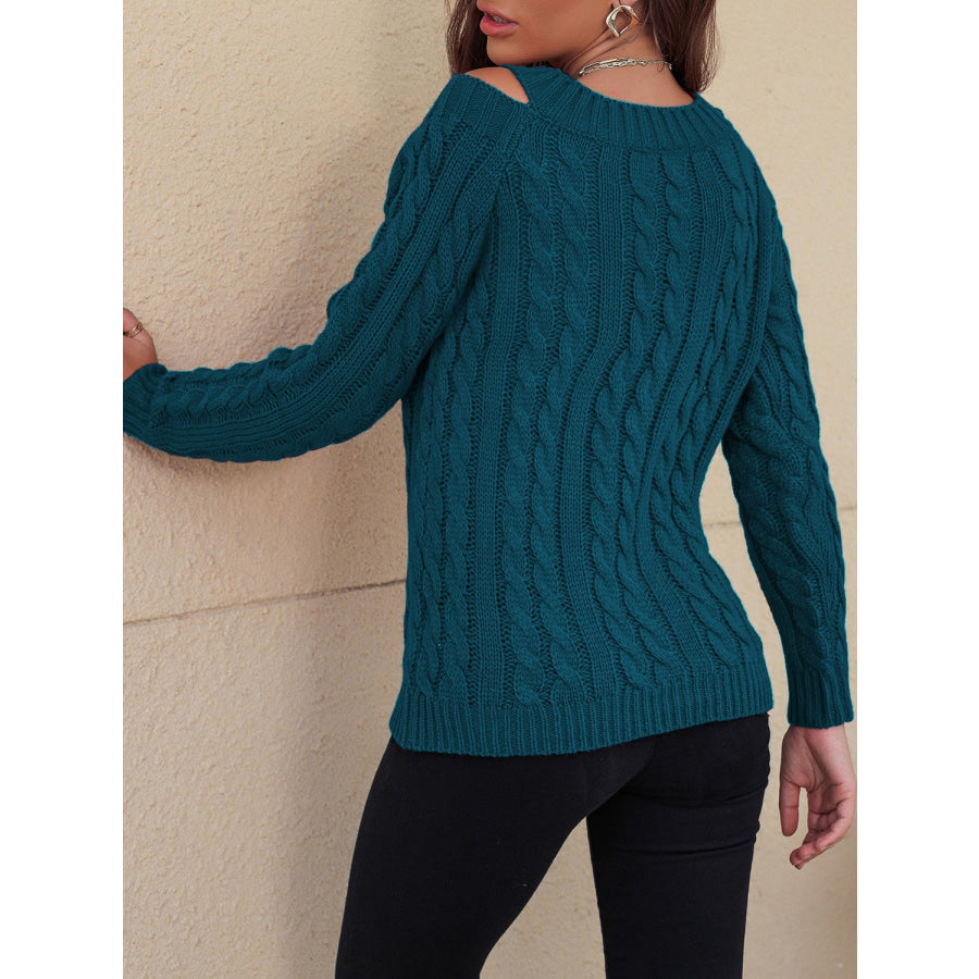 Honey Cable-Knit V-Neck Cold Shoulder Sweater Apparel and Accessories