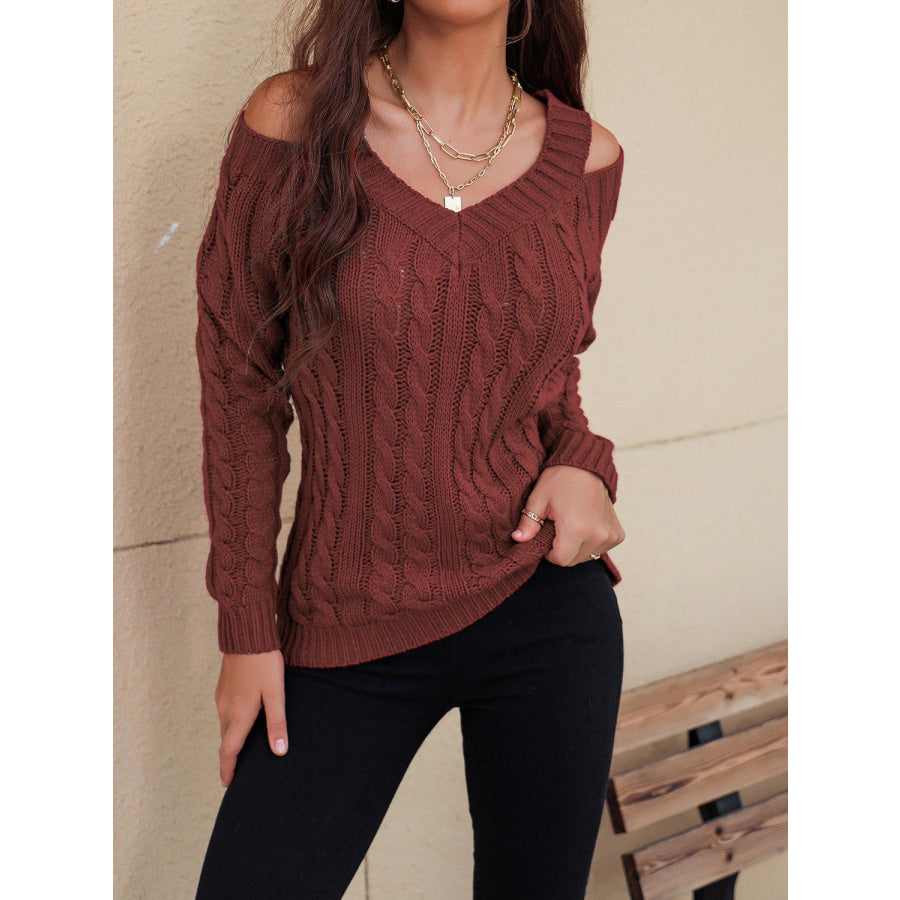 Honey Cable-Knit V-Neck Cold Shoulder Sweater Apparel and Accessories