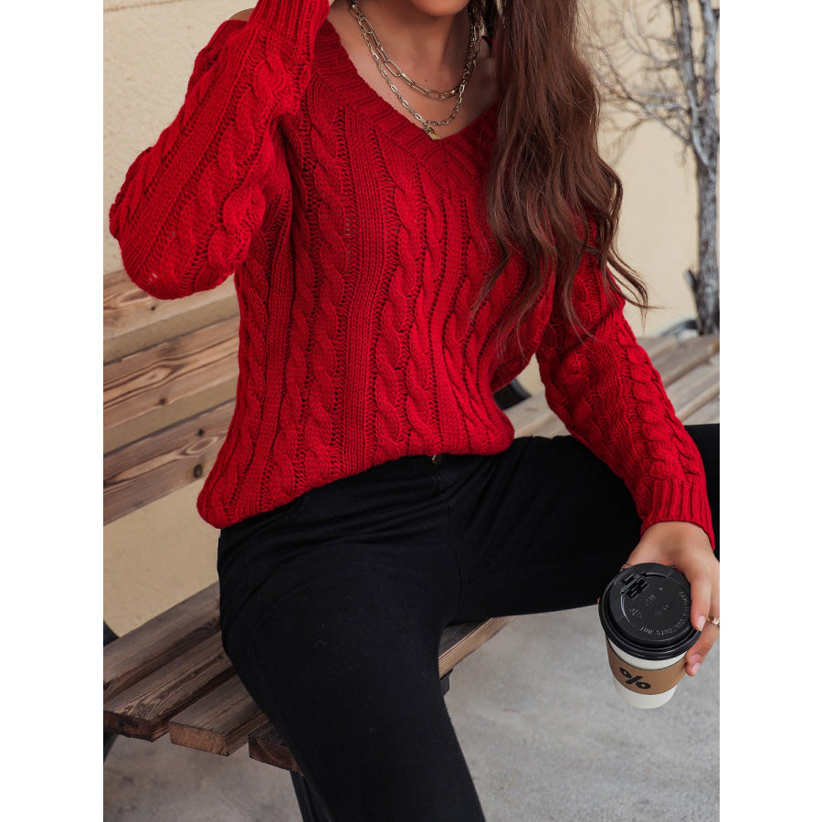 Honey Cable-Knit V-Neck Cold Shoulder Sweater Apparel and Accessories