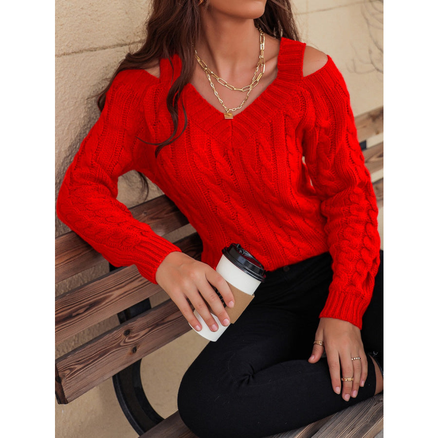 Honey Cable-Knit V-Neck Cold Shoulder Sweater Red / S Apparel and Accessories